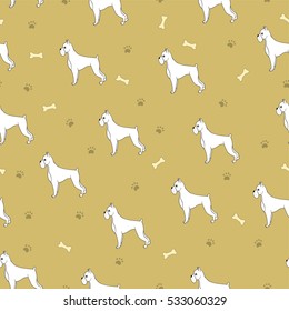 Awesome seamless pattern with cartoon cute dogs. Breed - boxer. Good for wallpaper, pattern fills, greeting cards, webpage backgrounds, wrapping paper and textile or fabric. Vector illustration.