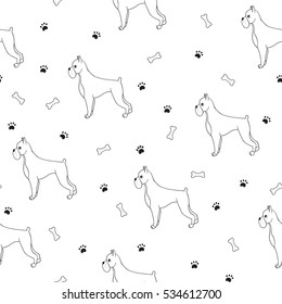 Awesome seamless pattern with cartoon cute contour dogs. Breed - boxer. Good for wallpaper, pattern fills, greeting cards, webpage backgrounds, wrapping paper and textile or fabric. Vector.