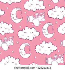 Awesome seamless pattern with cartoon sleeping clouds and crescent, cute fox pilot on the aircraft. For textile, fabric, bedroom interiors: wallpaper, pillow, blanket, pajamas. Good for restful sleep.