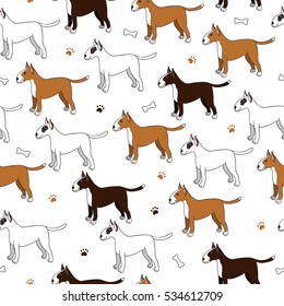 Awesome seamless pattern with cute cartoon dogs. Breed bullterier. Good for wallpaper, pattern fills, greeting cards, webpage backgrounds, wrapping paper and textile or fabric. Vector illustration.