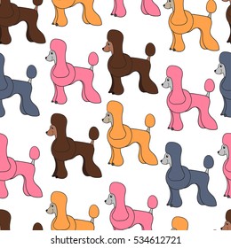 Awesome seamless pattern with cute cartoon dogs. Breed poodle.  Can be used for wallpaper, pattern fills, greeting cards, webpage backgrounds, wrapping paper and textile or fabric. Vector illustration