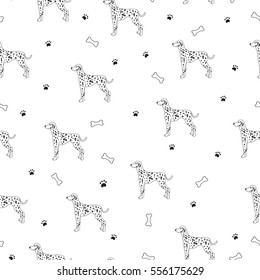 Awesome seamless pattern with cute dog. Breed dalmatian. Can be used for wallpaper, pattern fills, greeting cards, webpage backgrounds, wrapping paper and textile or fabric. Vector illustration.