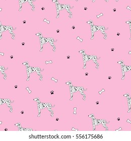 Awesome seamless pattern with cute dog. Breed dalmatian. Can be used for wallpaper, pattern fills, greeting cards, webpage backgrounds, wrapping paper and textile or fabric. Vector illustration.