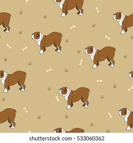 Awesome seamless pattern with cute dogs. Breed bulldog.  Good for wallpaper, pattern fills, greeting cards, webpage backgrounds, wrapping paper and textile or fabric. Vector illustration.