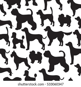 Awesome seamless pattern with dog silhouettes. Different breeds. Good for wallpaper, pattern fills, greeting cards, webpage backgrounds, wrapping paper and textile or fabric. Vector illustration.