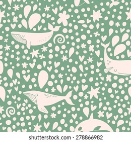 Awesome seamless pattern with stylish whales in green and white colors. Sweet underwater concept background in vector. Lovely whales with stars and hearts