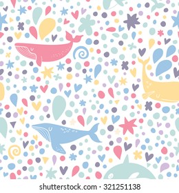 Awesome seamless pattern with stylish whales in summer colors. Sweet underwater concept background in vector