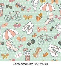 Awesome seamless pattern with summer elements. Beach party vector background. You can use it in party invitations, textile for swimwear, summer bags.