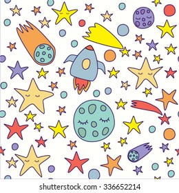 Awesome  seamless patterncard with lovely planets, moon, comic astronauts, spaceships, starts and comets. Space vector 