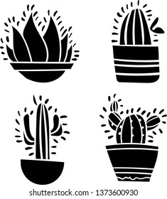 Awesome seamless patterns with cactuses and succulents in cartoon style Black