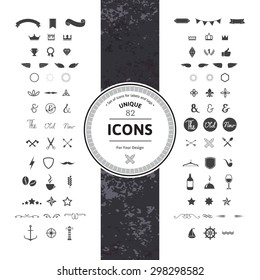 Awesome Set of Hipster Icons and Symbols for Modern Labels, Tags and Badges. Vintage Classic Graphic. Collection of Retro Objects, Frames and Silhouettes. 