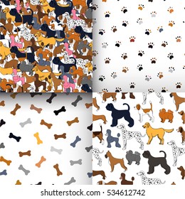 Awesome set of seamless patterns with cartoon cute dogs, paws and bones. Different breeds. Good for wallpaper, pattern fills, greeting cards, webpage backgrounds, wrapping paper or fabric. Vector.