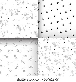 Awesome set of seamless patterns with cute dogs. Breed bulldog.  Good for wallpaper, pattern fills, greeting cards, webpage backgrounds, wrapping paper and textile or fabric. Vector illustration.