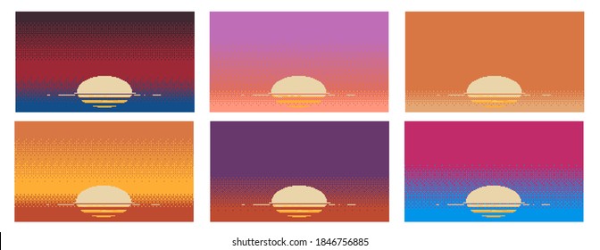 Awesome set of sunsets backgrounds. Pixel art style. Vector illustrations