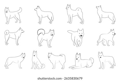 Awesome Siberian Husky line drawing silhouette set. Isolated background. Vector illustration.