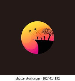 Awesome Silhouette Kids Playing Kites Logo