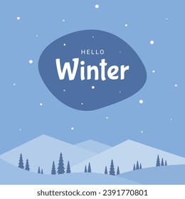 Awesome simple Flat design winter landscape, Snowfall, Snowy weather backgrounds with Blue sky and beautiful elements Vector illustration for banner, poster, social media post.