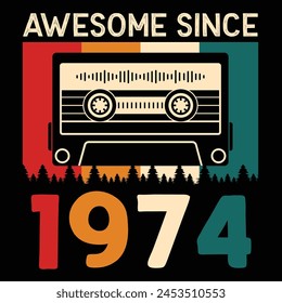 Awesome Since 1974, Vintage Birthday Design For Sublimation Products, T-shirts, Pillows, Cards, Mugs, Bags, Framed Artwork, Scrapbooking	