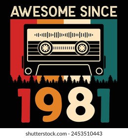 Awesome Since 1981, Vintage Birthday Design For Sublimation Products, T-shirts, Pillows, Cards, Mugs, Bags, Framed Artwork, Scrapbooking	