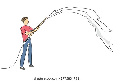 Awesome single line drawing features a handsome young man actively spraying bubbles using a long hose for a party concept. It is ideally created for a National Foam Party Day web article banner.
