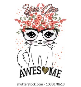 awesome slogan and cat illustration vector graphic