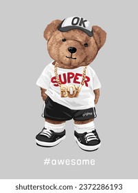 awesome slogan with cool brown bear toy in gold necklace vector illustration svg