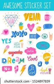 Awesome Sticker Collection In Trendy Hand Drawn Style With Cool Bubble Speech And Girly Stickers For Social Networks Or Any Other Purposes. Vector Eps10.