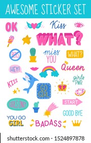 Awesome sticker collection in trendy hand drawn style with cool bubble speech, cool shark and girly stickers for social networks or any other purposes. Vector eps10.