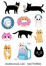 Awesome sticker pack with cute cats. Vector illustration