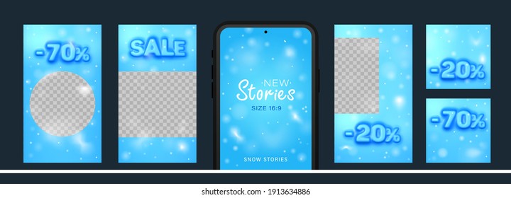 Awesome Stories set for social media with convex sale word for New post. Amazing blue banner for winter sale and discounts.