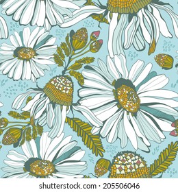Awesome summer vector seamless pattern of Camomile flowers in gentle colors.