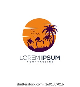 awesome sunset flamingo logo design vector