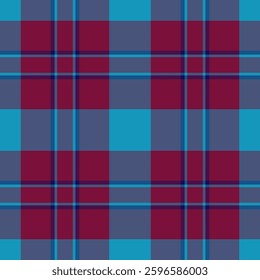 Awesome tartan fabric plaid, border textile background pattern. 60s texture vector seamless check in blue and cyan colors palette.