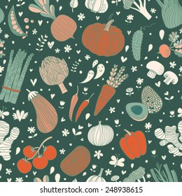 Awesome tasty seamless pattern with green peas, eggplant, potato, carrot, pumpkin, avocado, leek, radish, pepper, cherry tomato, champignon, onion and other vegetables