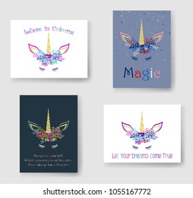 Awesome unicorn horn in flowers and twigs wreath tiara illustration on cards collection. Magical vector meme unicorn head with closed eyes, horn, flowers, quotes phrase text. Let your dreams come true