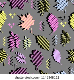 Awesome unique autumn fall foliage vector pattern with memphis geometric trendy colorful abstract. Maple leaves on hipster multicolor pattern vector