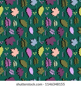 Awesome unique autumn fall foliage vector pattern with memphis geometric trendy colorful abstract. Maple leaves on hipster multicolor pattern vector