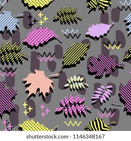 Awesome unique autumn fall foliage vector pattern with memphis geometric trendy colorful abstract. Maple leaves on hipster multicolor pattern vector