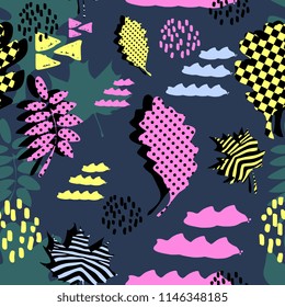 Awesome unique autumn fall foliage vector pattern with memphis geometric trendy colorful abstract. Maple leaves on hipster multicolor pattern vector