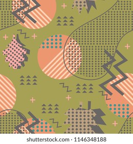 Awesome unique autumn fall foliage vector pattern with memphis geometric trendy colorful abstract. Maple leaves on hipster multicolor pattern vector