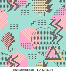 Awesome unique autumn fall foliage vector pattern with memphis geometric trendy colorful abstract. Maple leaves on hipster multicolor pattern vector