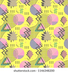 Awesome unique autumn fall foliage vector pattern with memphis geometric trendy colorful abstract. Maple leaves on hipster multicolor pattern vector