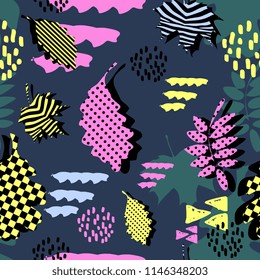 Awesome unique autumn fall foliage vector pattern with memphis geometric trendy colorful abstract. Maple leaves on hipster multicolor pattern vector