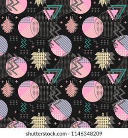 Awesome unique autumn fall foliage vector pattern with memphis geometric trendy colorful abstract. Maple leaves on hipster multicolor pattern vector