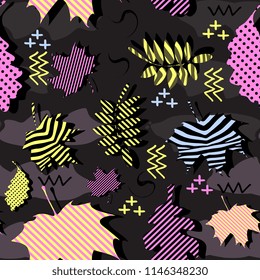 Awesome unique autumn fall foliage vector pattern with memphis geometric trendy colorful abstract. Maple leaves on hipster multicolor pattern vector