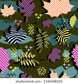 Awesome unique autumn fall foliage vector pattern with memphis geometric trendy colorful abstract. Maple leaves on hipster multicolor pattern vector