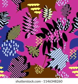 Awesome unique autumn fall foliage vector pattern with memphis geometric trendy colorful abstract. Maple leaves on hipster multicolor pattern vector