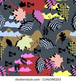 Awesome unique autumn fall foliage vector pattern with memphis geometric trendy colorful abstract. Maple leaves on hipster multicolor pattern vector