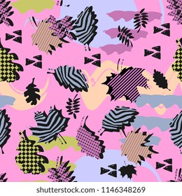 Awesome unique autumn fall foliage vector pattern with memphis geometric trendy colorful abstract. Maple leaves on hipster multicolor pattern vector
