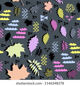 Awesome unique autumn fall foliage vector pattern with memphis geometric trendy colorful abstract. Maple leaves on hipster multicolor pattern vector